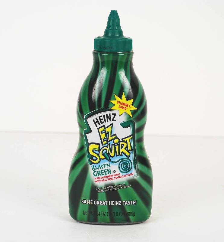Heinz EZ Squirt “Blastin’ Green” tomato ketchup, the US version, in a shaped squeeze bottle with a pointed nozzle.