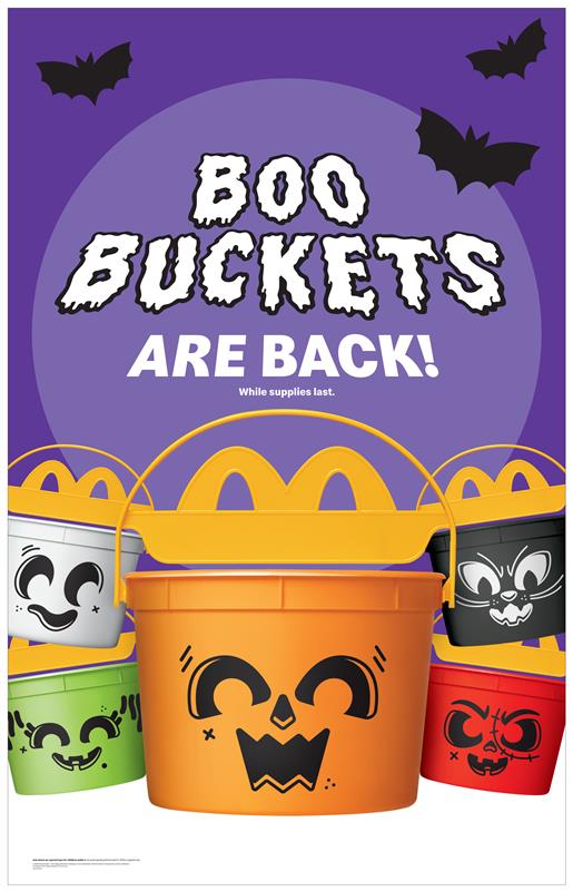 A US McDonald’s “Boo Buckets Are Back” promotion presents five Halloween pails as limited Happy Meal collectibles.