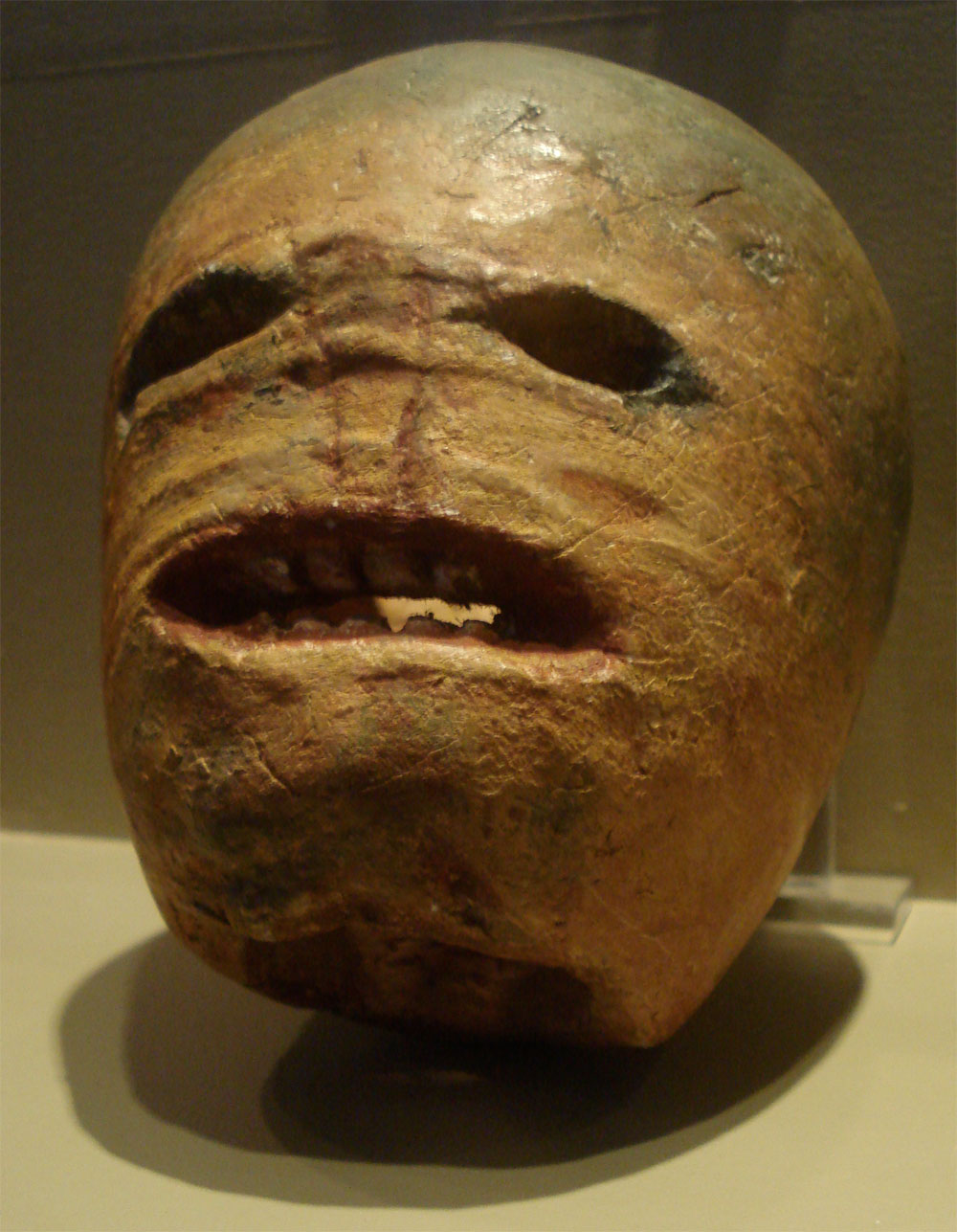 Painted brown plaster cast of a carved turnip face, with deep eye openings, an open mouth and a pale tooth, displayed behind glass.