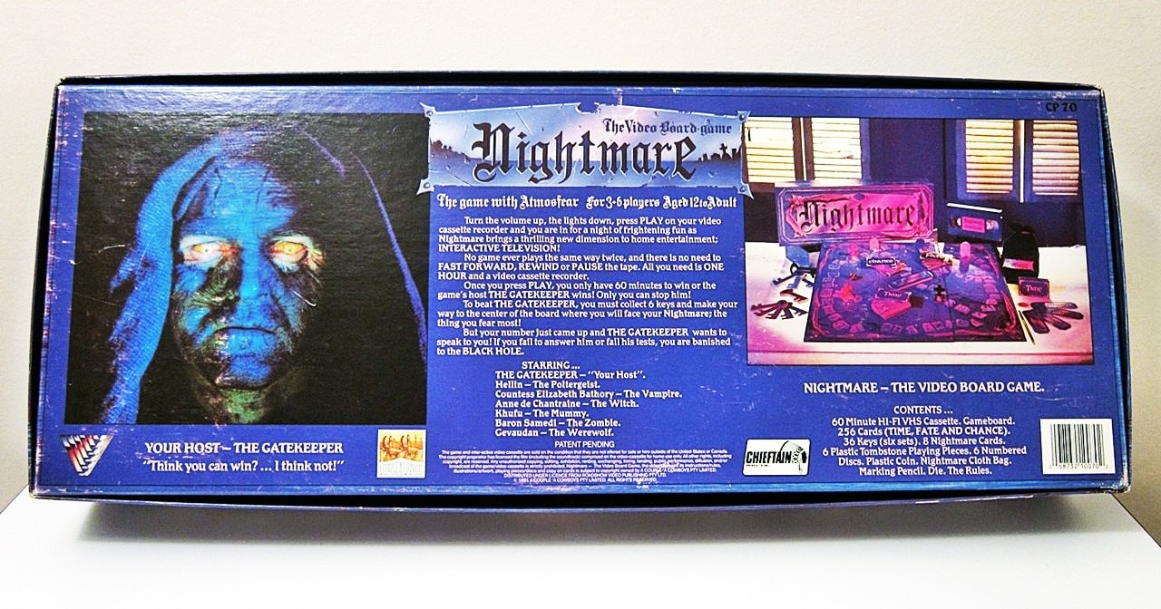 Nightmare video board game box reverse with the Gatekeeper, contents list and game photograph.