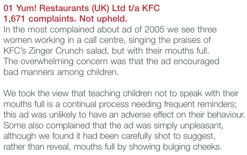 Cropped white report page with a red heading reading “Yum! Restaurants (UK) Ltd t/a KFC,” followed by “1,671 complaints. Not upheld.” Grey text describes three women singing about KFC’s Zinger Crunch salad in a call centre with their mouths full and explains why the complaints were not upheld.