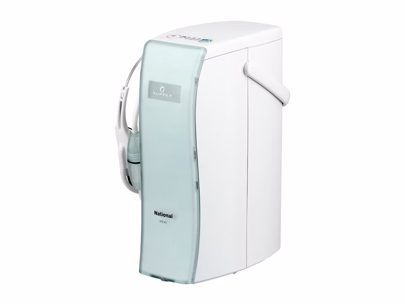 National MS-X1 oxygen air charger, introduced in Japan in 2003, with its oxygen-delivery headset and tubing stored along the side.