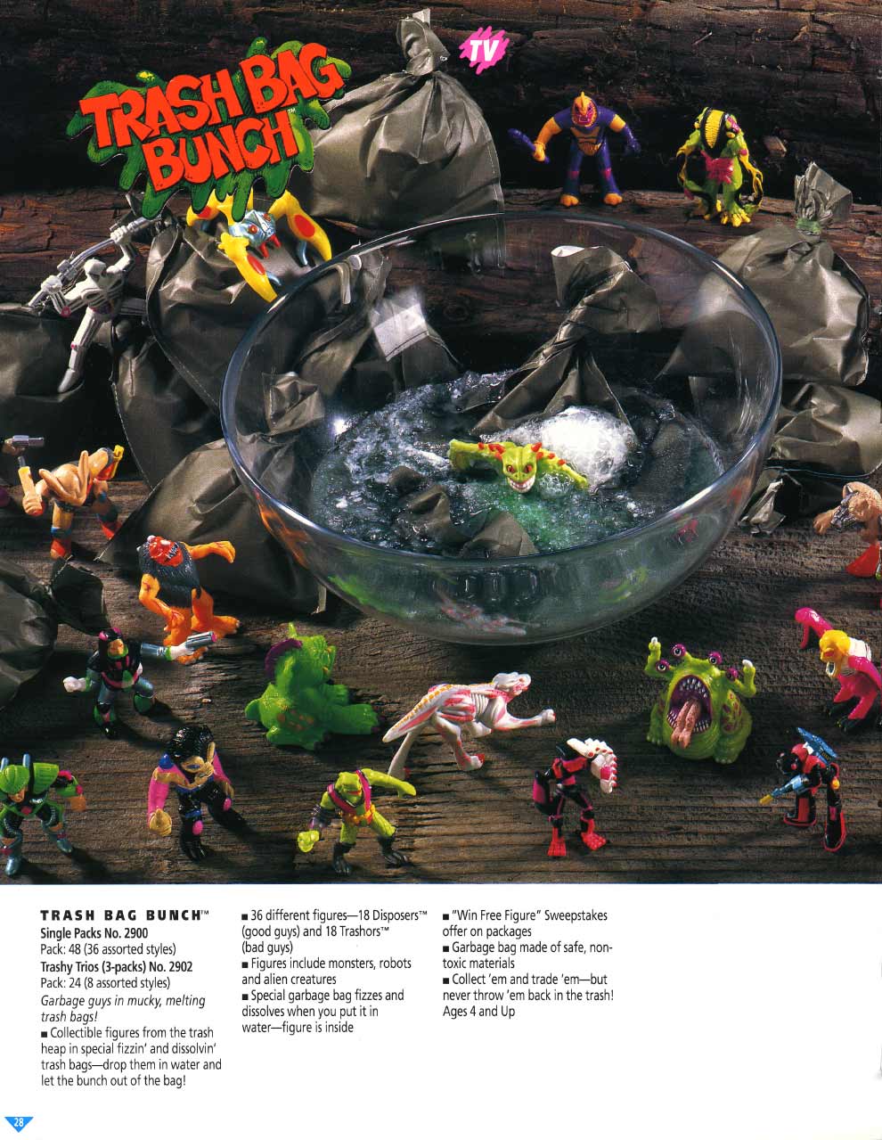Catalogue page with the red-and-green Trash Bag Bunch logo above numerous painted figures and tied black bags surrounding a glass bowl filled with dark, bubbling water.