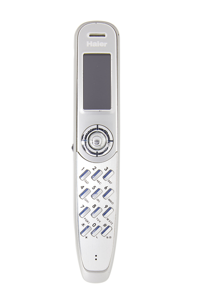 Front view of a silver Haier P7 with a small screen, circular navigation control and diagonal numeric keypad.