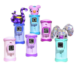 Six pastel My Meebas tubes with sliding LCD screens; several lids are open with small colourful plush creatures emerging.