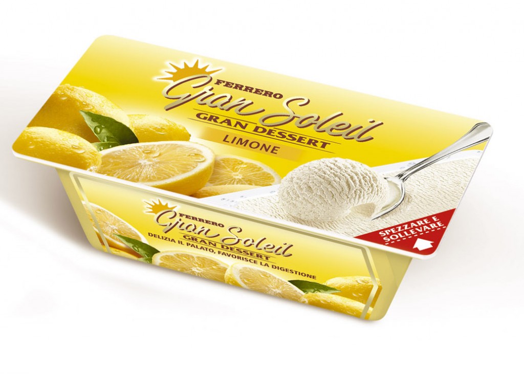 Yellow Ferrero Gran Soleil lemon-flavour pack with a white scoop of sorbet, lemons and the words Specialità Fine Pasto.