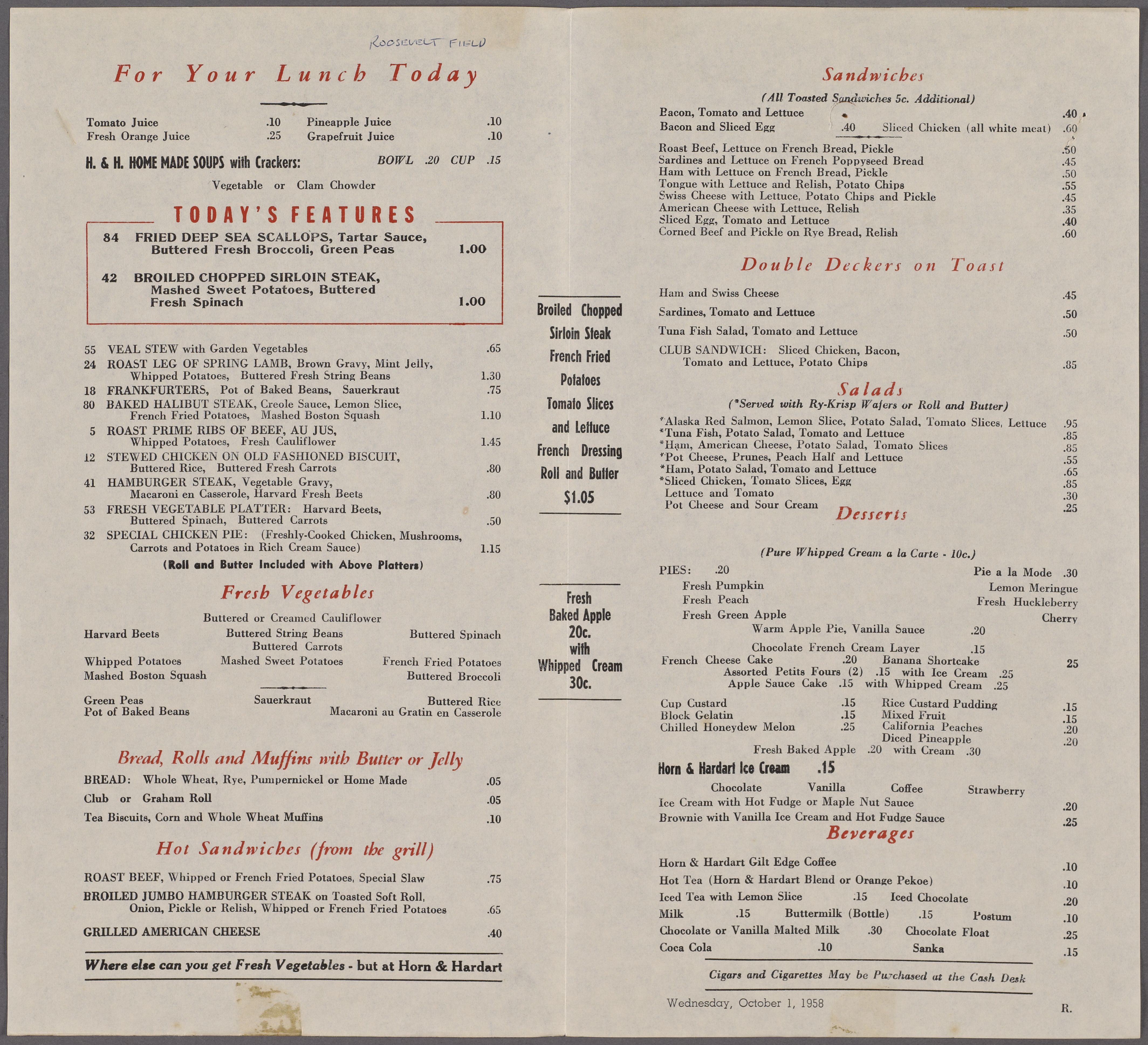 Coffee for 10 cents, pie for 20: Horn & Hardart’s lunch menu for 1 October 1958 shows the everyday food and modest prices behind the Automat experience.