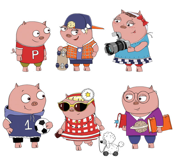 Six illustrated pink pig characters on white, including a red-shirted pig, skateboarder, camera holder, footballer, sunglasses-wearing pig and bespectacled scientist.