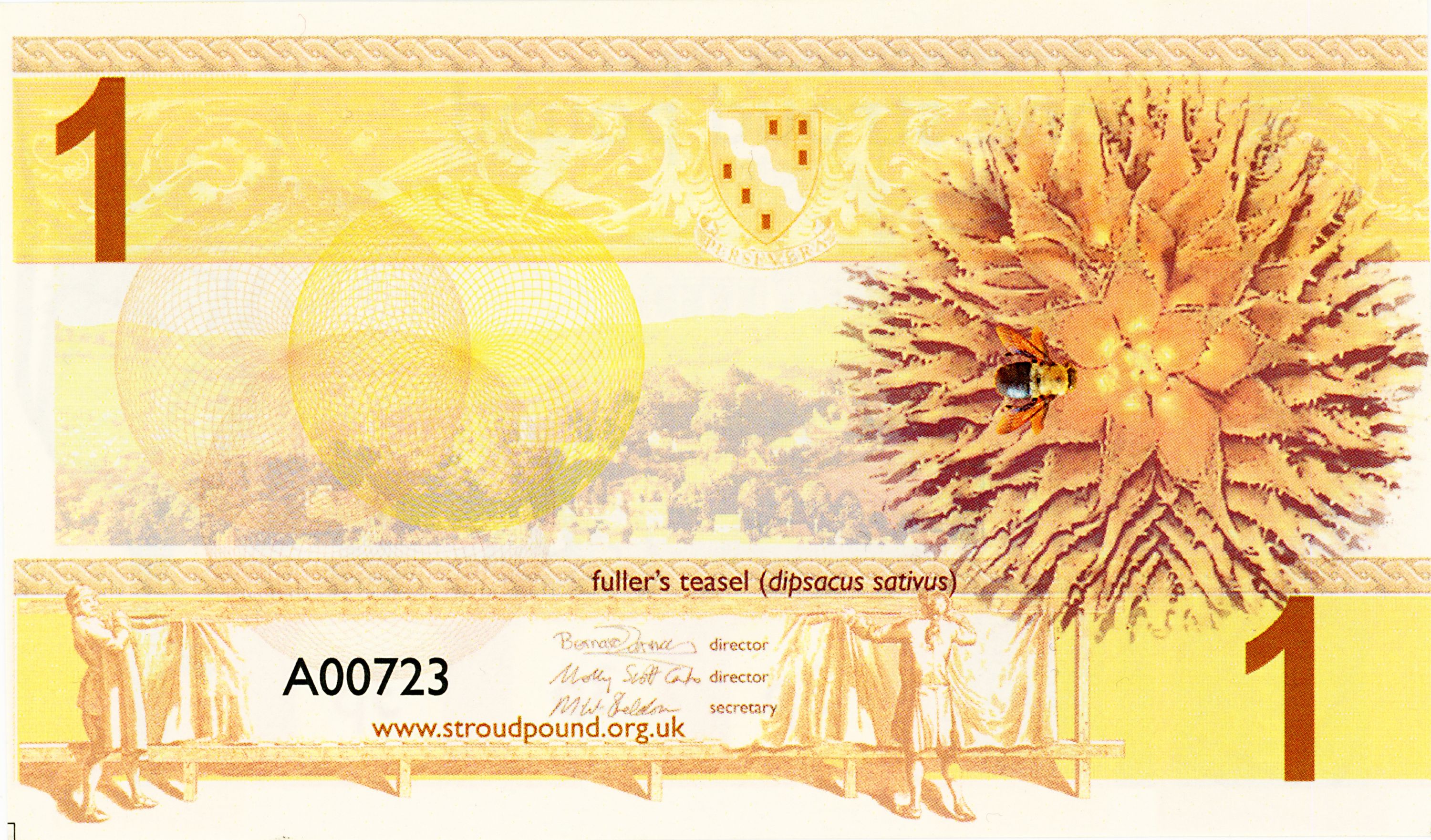 The reverse connects the currency to Stroud’s textile landscape through a teasel, bee and sheep-shearing scene. Such local references were part of the organisers’ effort to make a small exchange scheme feel rooted in the Five Valleys.