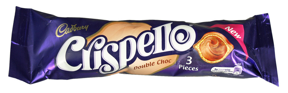 A purple Cadbury Crispello Double Choc wrapper on white, marked New and 3 Pieces, with an illustrated filled wafer shell and a small per-piece nutrition panel.