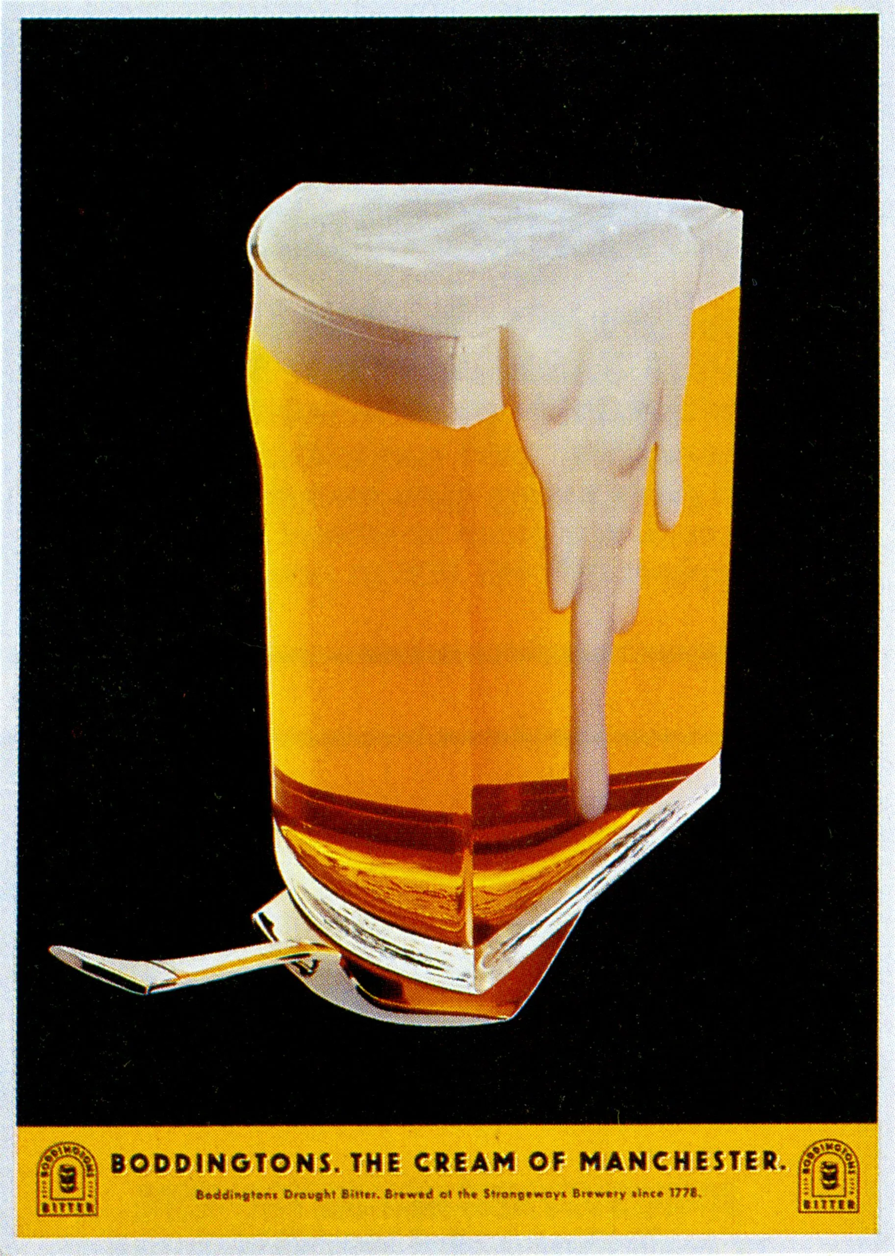 A pint of golden beer has white foam dripping like shaving cream, with a razor beside it and a yellow Boddingtons slogan strip below.