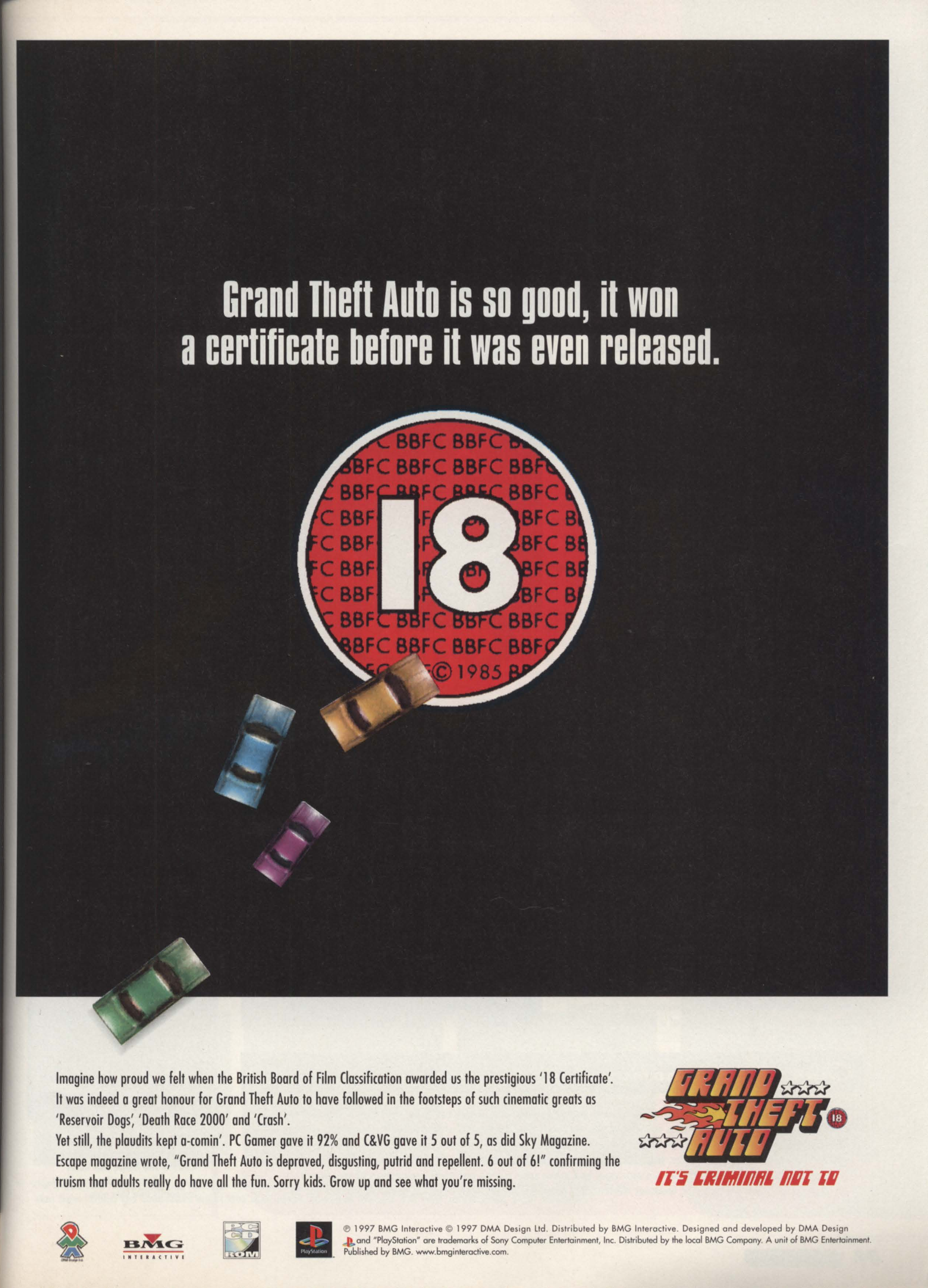 Full-page black Grand Theft Auto advertisement with a large red BBFC 18 certificate surrounded by four small coloured cars. The headline says the game won a certificate before it was released.