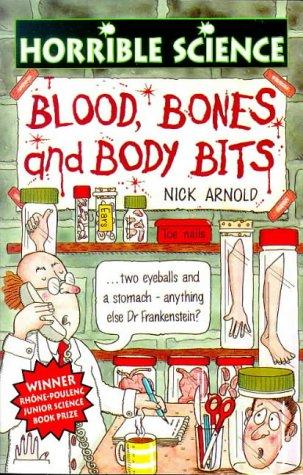 Green laboratory cover with a cartoon scientist, jars of body parts, red Blood, Bones and Body Bits lettering and a science-prize winner badge.
