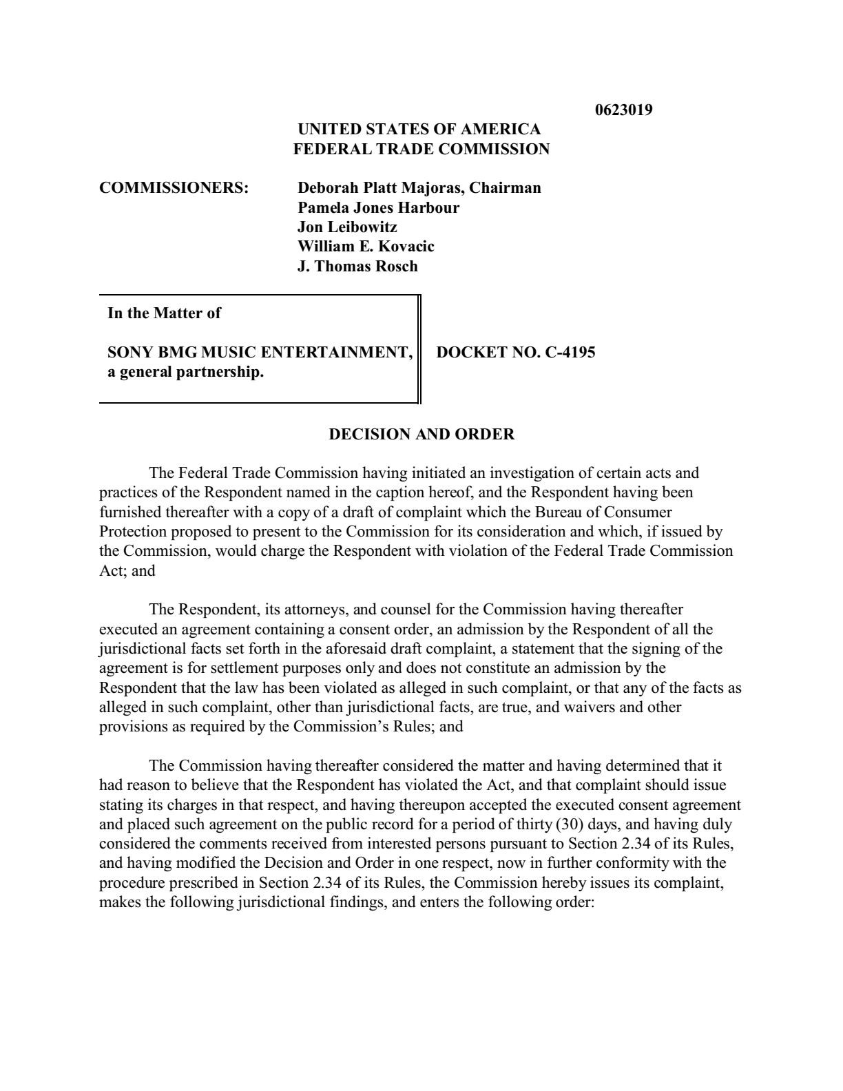 Opening page of the FTC Decision and Order naming Sony BMG Music Entertainment.