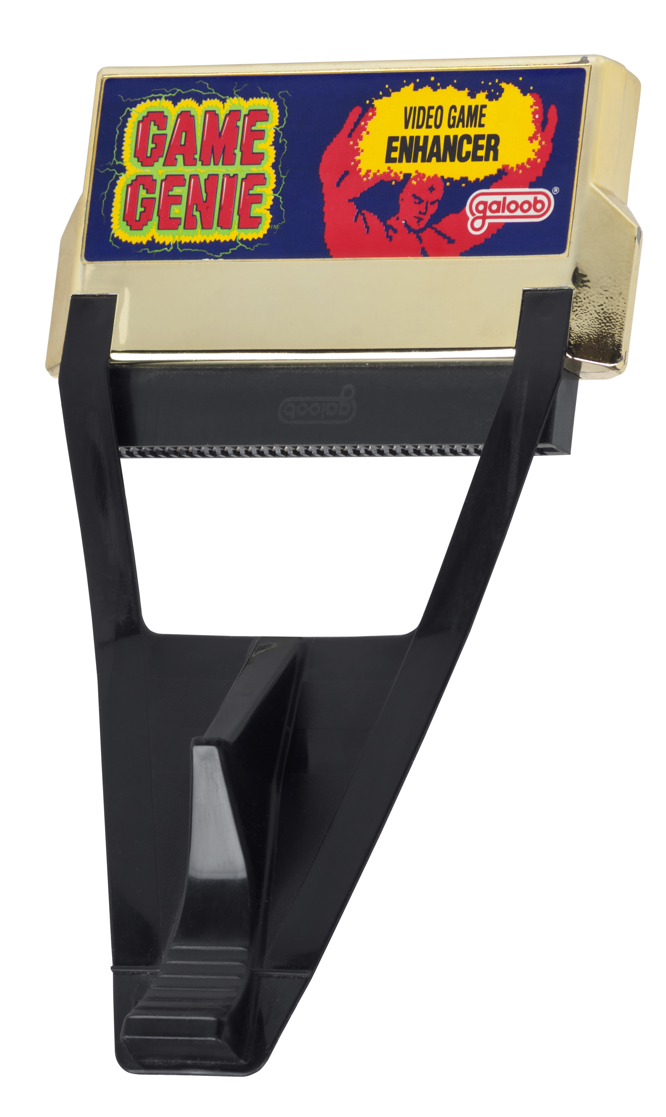 A gold Game Genie NES cartridge with a red label and a long black cartridge connector.