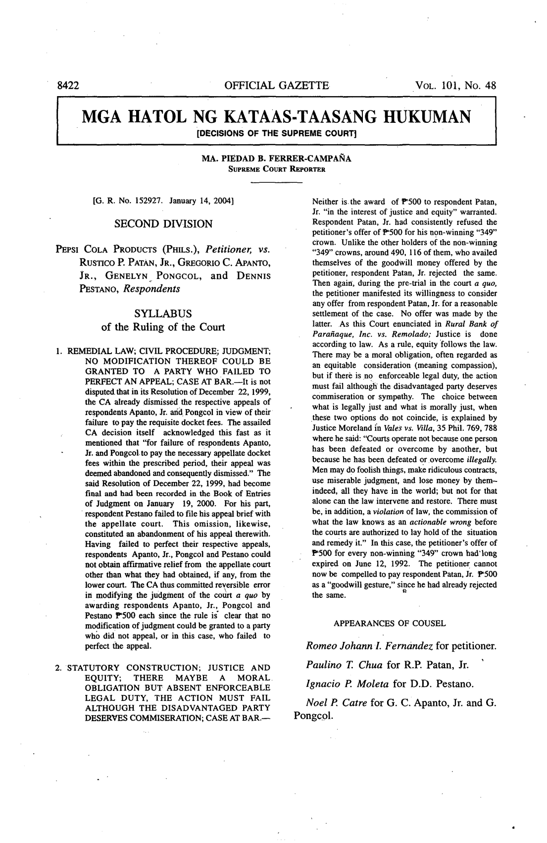 Official Gazette page 8422, headed Pepsi Cola Products versus Patan, dated 14 January 2004.