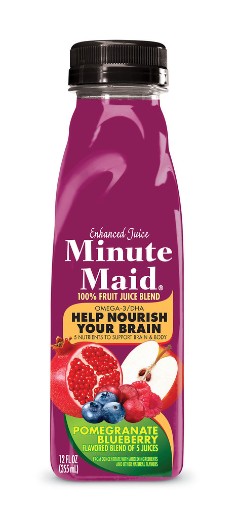Front-facing studio photograph of a purple Minute Maid Enhanced Juice plastic bottle with a black cap on a white background.