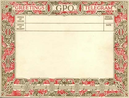 Blank GPO Greetings Telegram form with a red-and-gold floral border, address fields and cream message area.