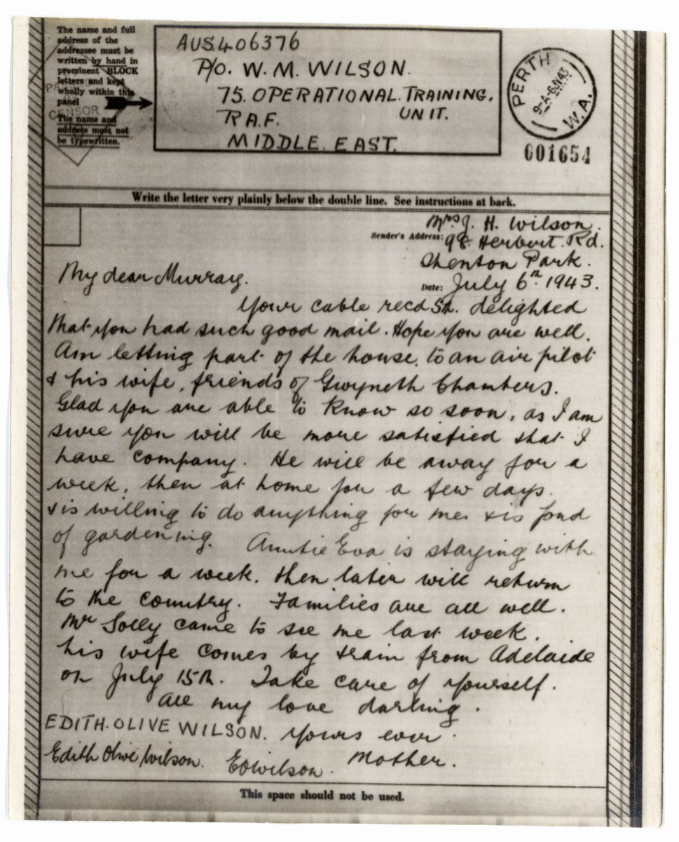 1943 handwritten Airgraph with an address panel for William Murray Wilson in the Middle East and a letter from his mother Edith.