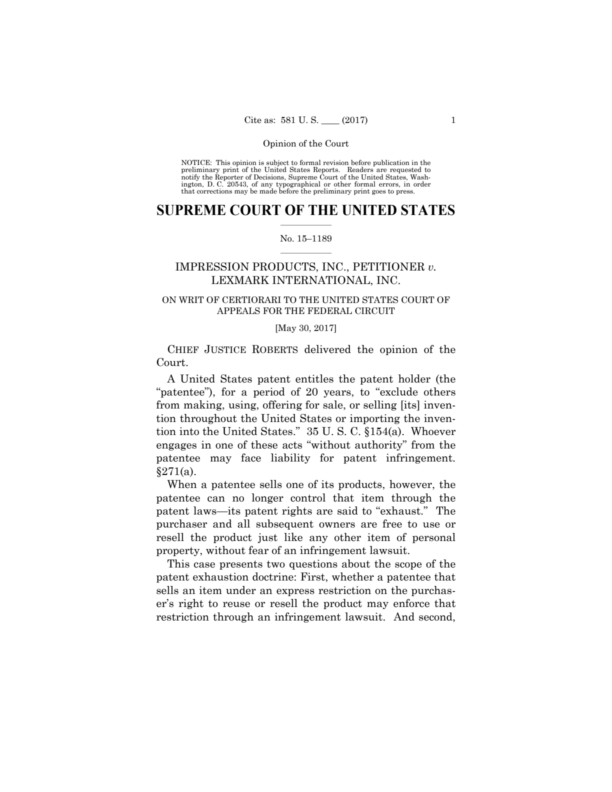 Opening page of the Court’s opinion in Impression Products v. Lexmark, 30 May 2017: printed opinion page 1, PDF page 6. This is the patent-exhaustion case, distinct from Lexmark’s 2014 false-advertising standing case.