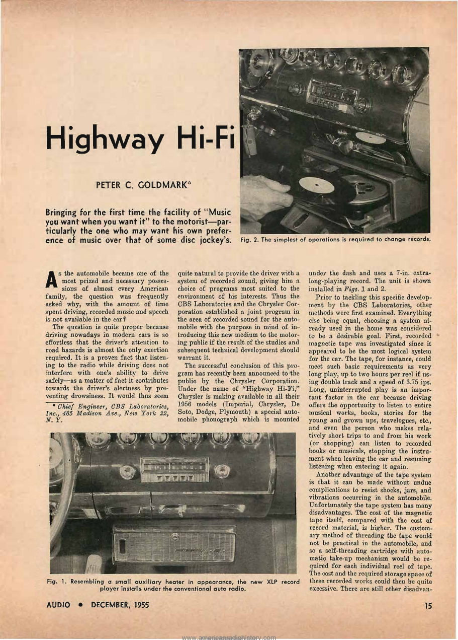 1955 Audio magazine page showing Chrysler’s dashboard record player closed beneath the radio and open for a record change.