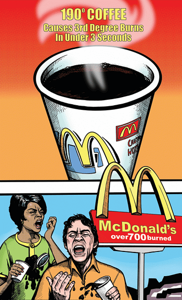 Comic-style illustration of a McDonald’s coffee cup above two distressed people and a McDonald’s sign. Text at the top reads “190° COFFEE Causes 3rd Degree Burns In Under 3 Seconds,” and text on the sign reads “McDonald’s over 700 burned.”