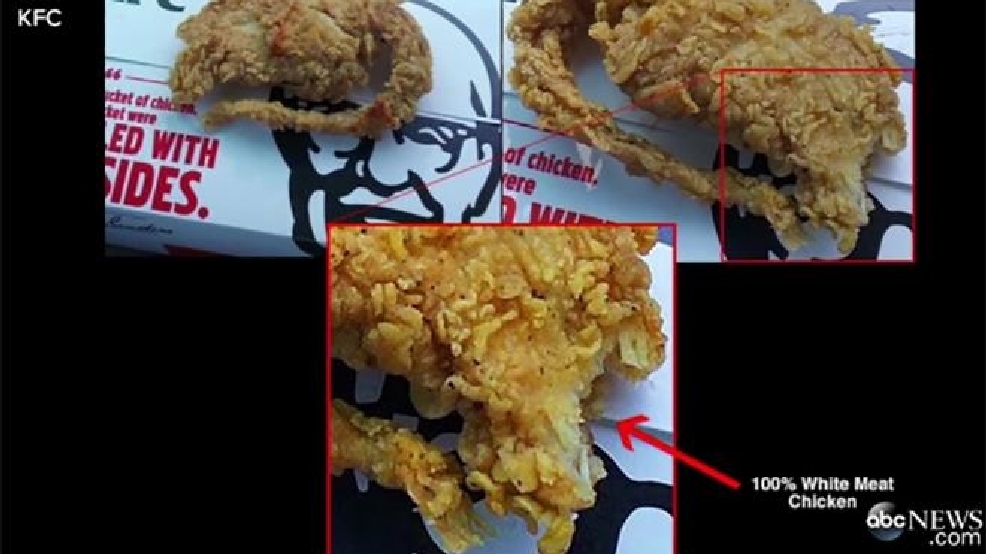A KFC-labelled comparison graphic focuses on the bitten tender and its exposed pale interior. It presents the company’s chicken interpretation of the same disputed item, rather than independent proof of the reported DNA-test result.