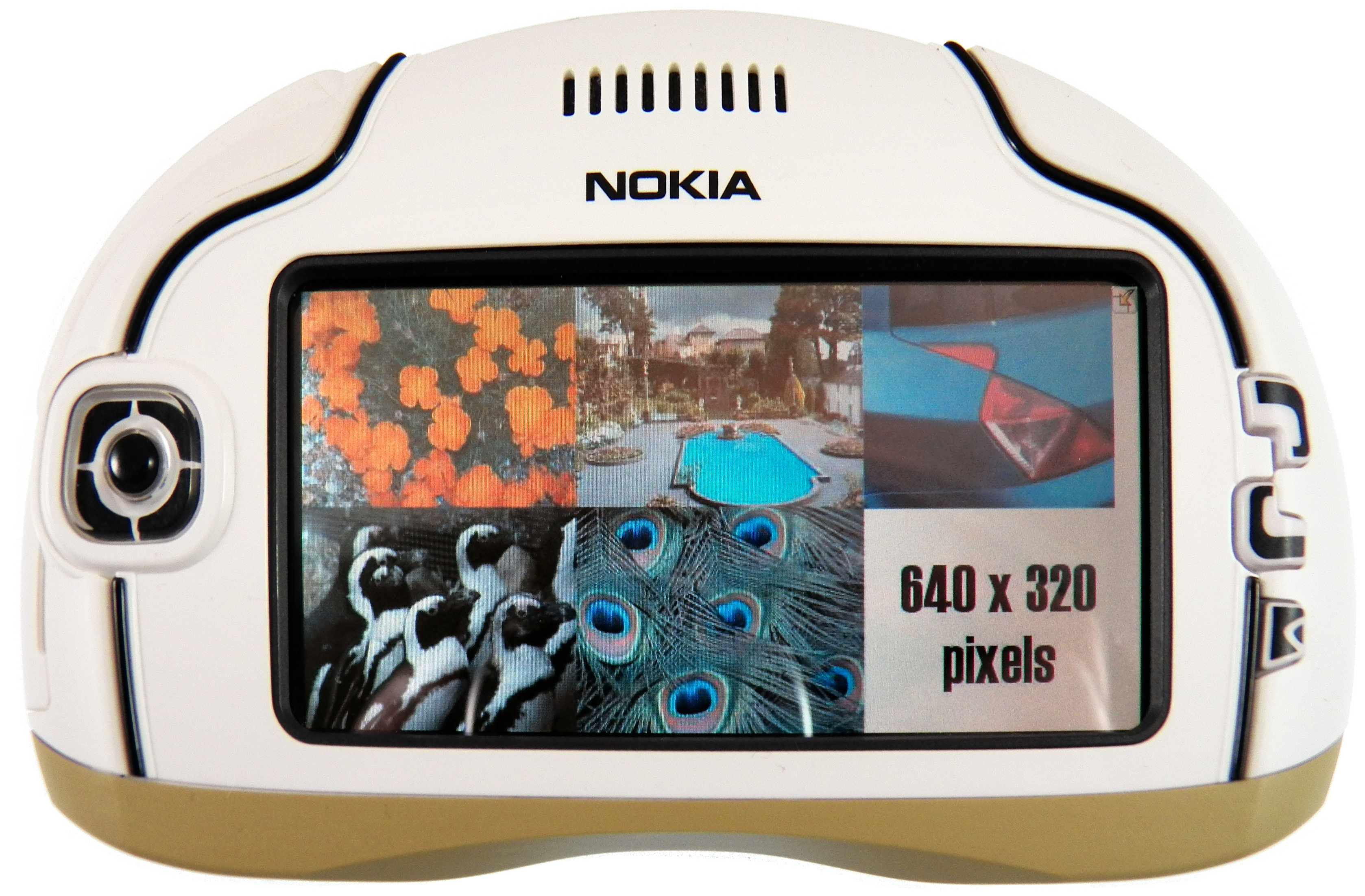 White-and-gold Nokia 7700 in landscape orientation, with controls beside a wide display showing a test-image collage and the words “640x320 pixels”.