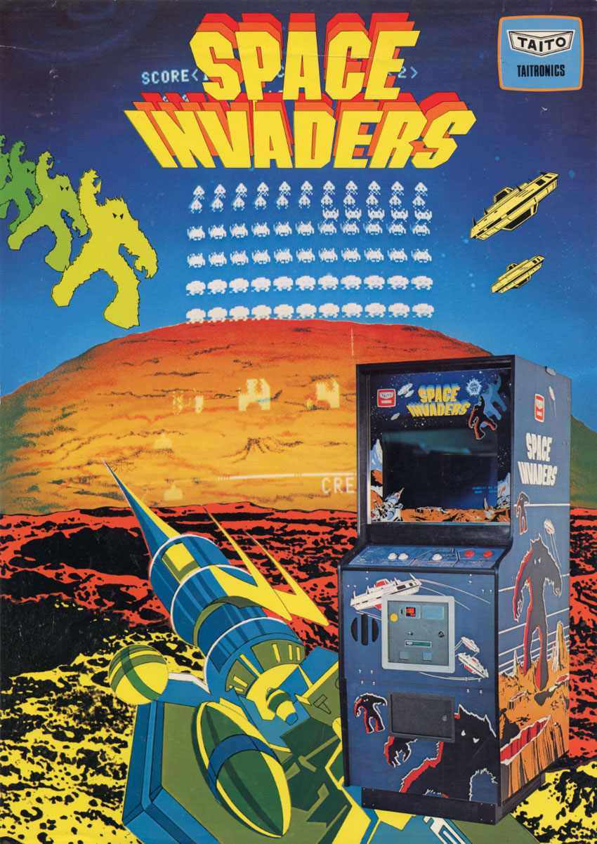 Illustrated Space Invaders promotional sheet with large yellow-and-red title lettering, a Taito Taitronics logo, rows of white alien sprites, spacecraft, a yellow figure at left, and a blue upright arcade cabinet with a coin door.