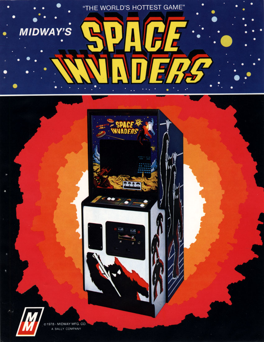 Midway’s Space Invaders flyer uses a distinct white-and-black upright cabinet and calls the game “The World’s Hottest Game.” It is a useful visual contrast with the Taito-linked cabinet, rather than a substitute for the Japan-focused lead image.
