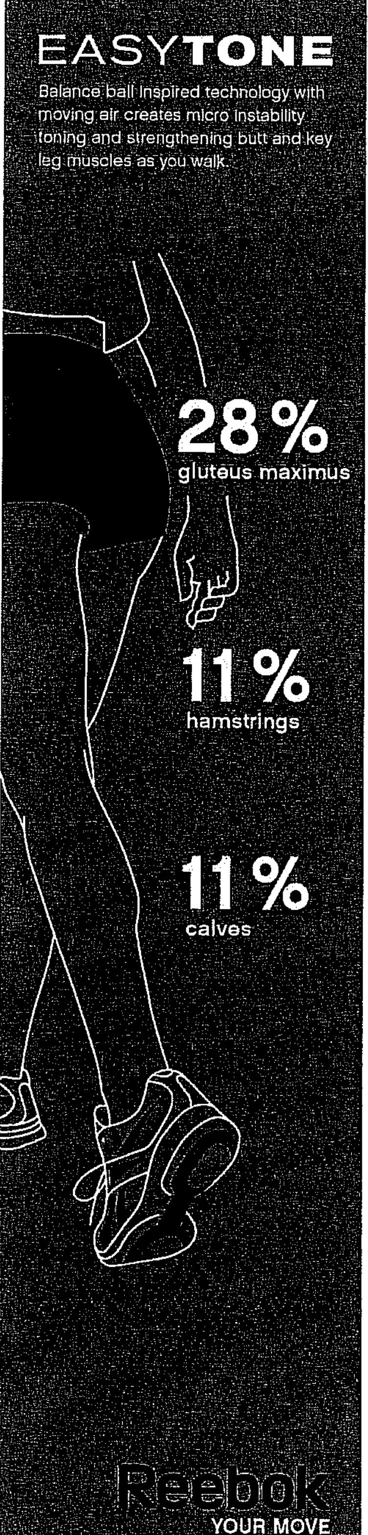 A person wearing Reebok EasyTone shoes, with 28%, 11% and 11% claims beside the hips and legs.