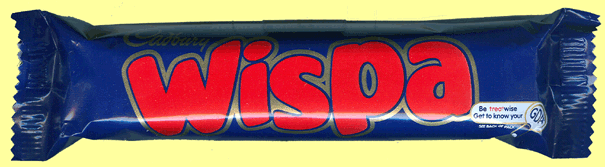 Dark blue Cadbury Wispa wrapper with large red and white Wispa lettering.
