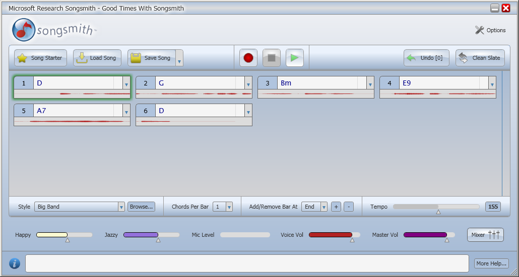 Songsmith’s main window displays six chord blocks with audio waveforms, playback controls, a Big Band style and Happy and Jazzy sliders.