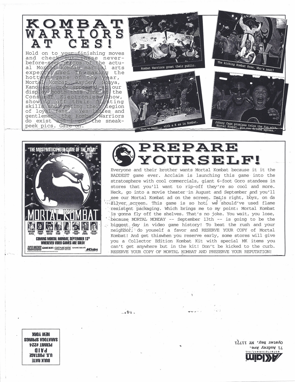Black-and-white Acclaim newsletter page with CES photographs above a Prepare Yourself panel and Mortal Kombat dragon-logo advert promoting Mortal Monday, September13.
