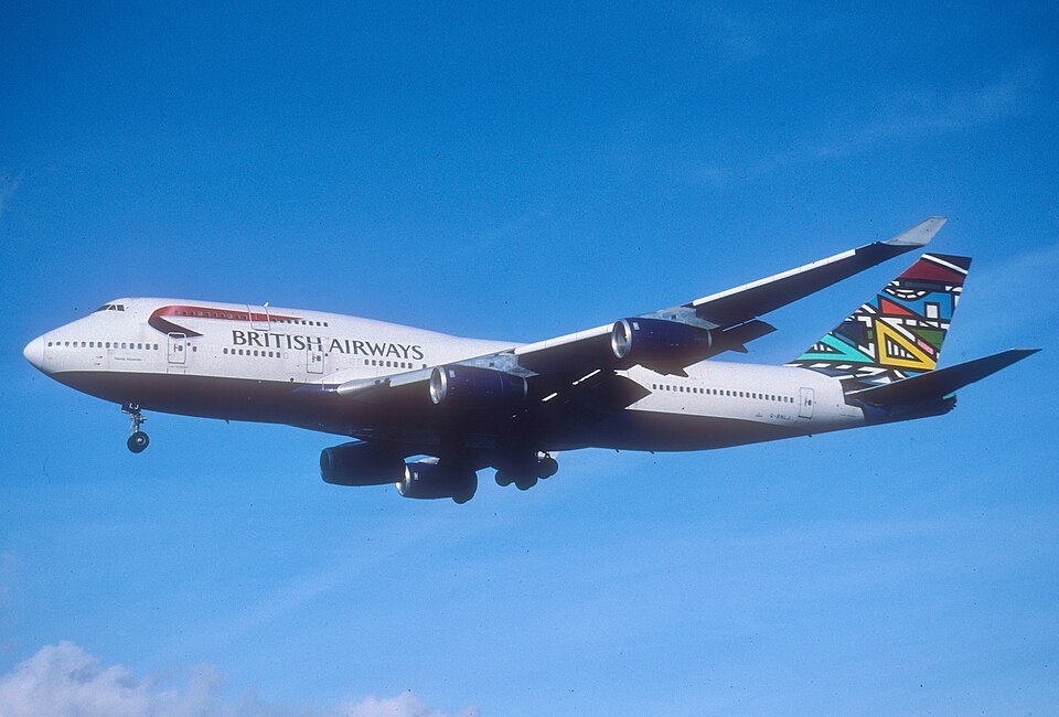 British Airways Boeing 747 G-BNLJ in flight, showing its Ndebele Martha patterned tailfin.