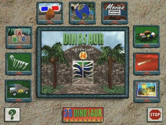 Main menu screen from 3-D Dinosaur Adventure, with a stone doorway in a jungle surrounded by illustrated activity buttons.