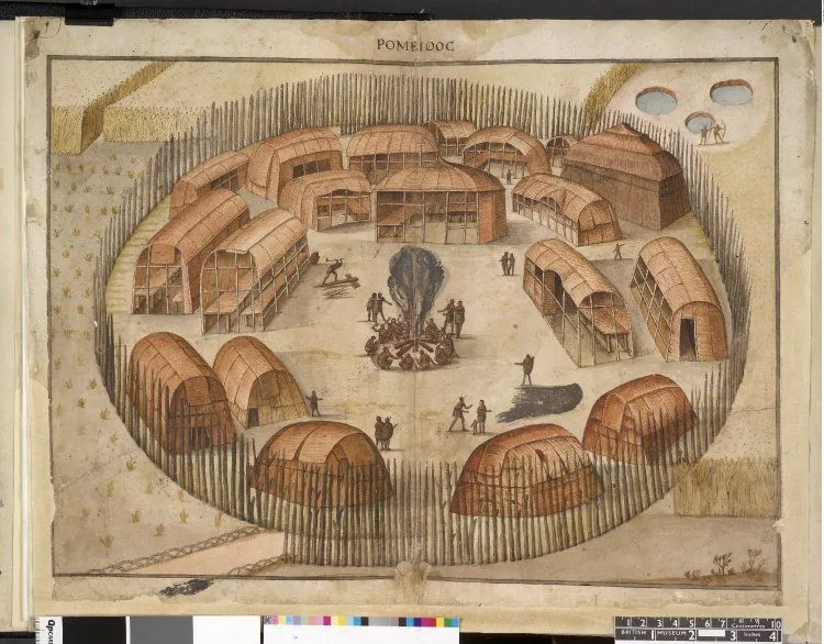 Historic illustration of the palisaded Native settlement of Pomeiooc with rounded houses around a central fire.