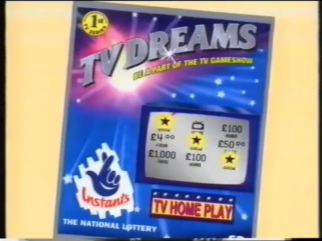 Tilted blue TV Dreams National Lottery Instants card with stars, a scratched prize panel and a red “TV Home Play” label.