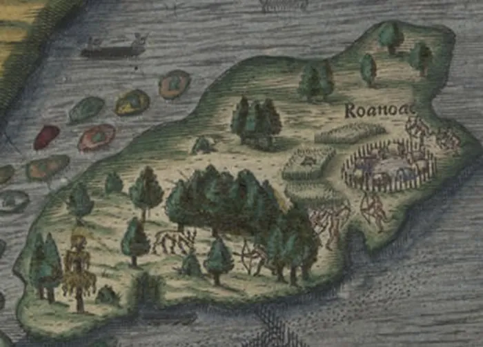 Detail from an early map showing Roanoke island, trees, buildings and a palisaded settlement.