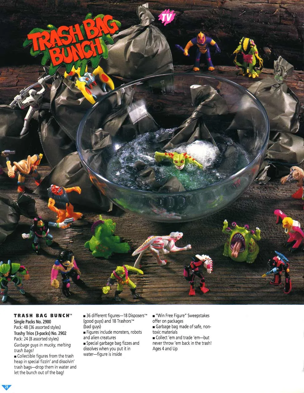 Catalogue page with the red-and-green Trash Bag Bunch logo above numerous painted figures and tied black bags surrounding a glass bowl filled with dark, bubbling water.
