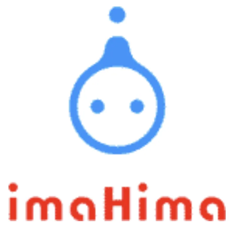 Blue circular ImaHima mascot with two eyes and a dot above its head, positioned above the red imaHima wordmark.