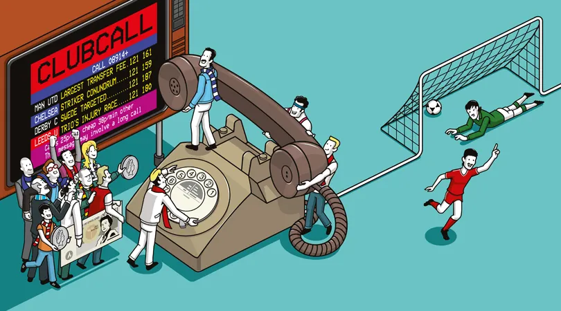 Cartoon illustration of supporters gathered around an oversized rotary telephone beneath a screen headed “CLUBCALL.” The screen contains football update text and numbers; telephone cables extend toward a goal where a goalkeeper dives as a player in red runs away.