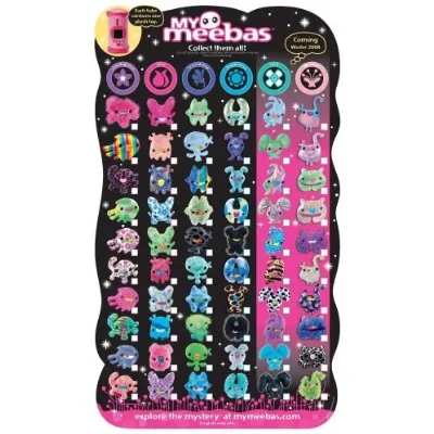 My Meebas character chart with six coloured columns of small creatures and tube icons beneath the logo.