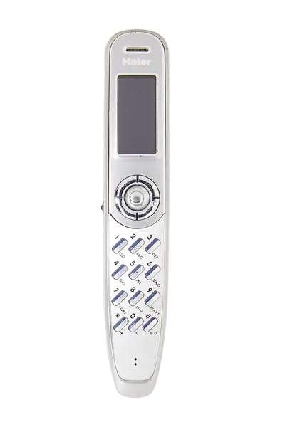 Front view of a silver Haier P7 with a small screen, circular navigation control and diagonal numeric keypad.
