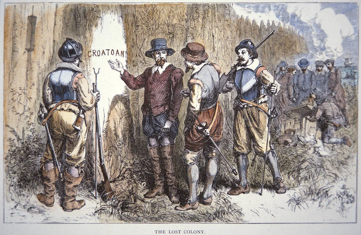 Colour engraving of colonists discovering the word 'CROATOAN' carved into a tree at the abandoned colony.