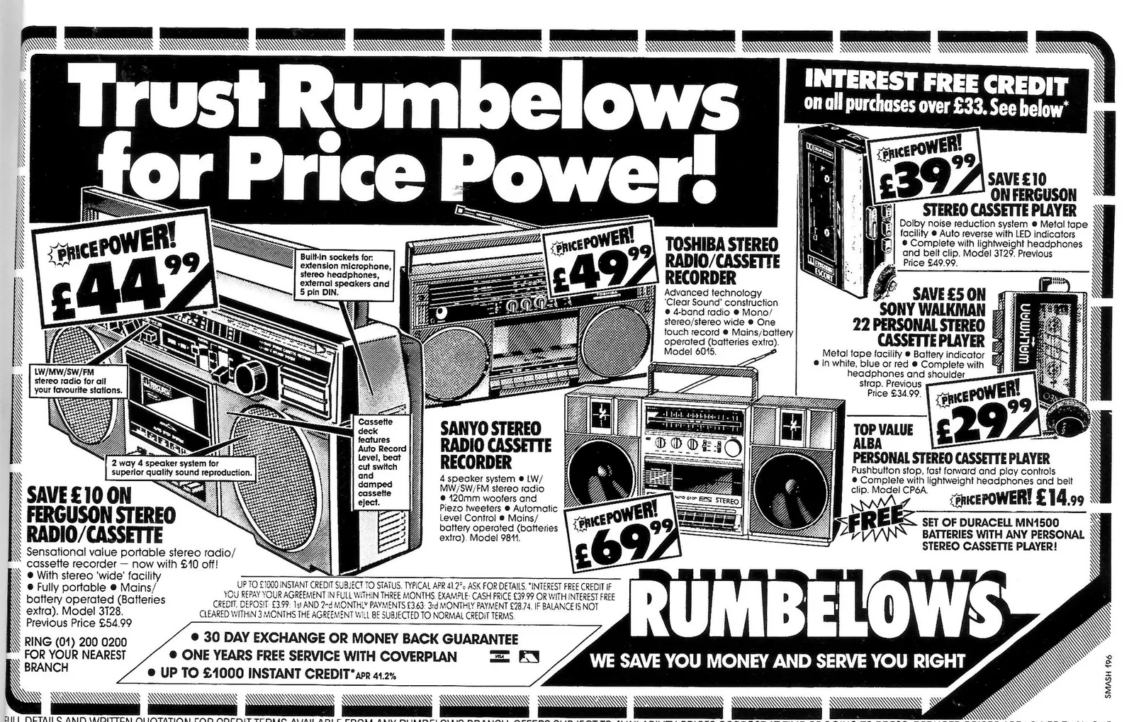 Black-and-white Rumbelows newspaper advertisement headed “Trust Rumbelows for Price Power!” showing illustrated portable stereo radio cassette recorders and personal cassette players from Ferguson, Toshiba, Sanyo, Sony and Alba, with large sale prices, credit offer text and the Rumbelows logo.