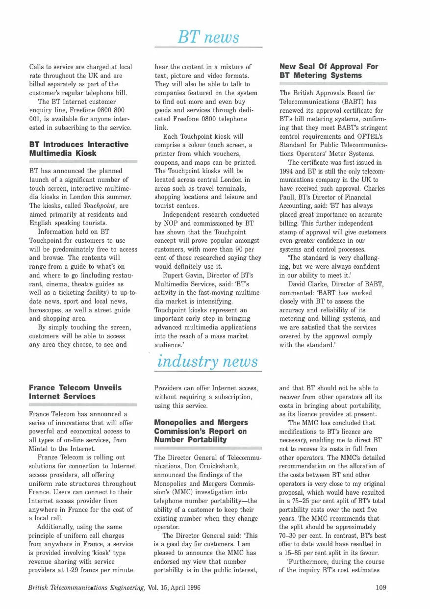 A scanned three-column journal page headed “BT news” and “industry news.” The main upper-left article is titled “BT Introduces Interactive Multimedia Kiosk” and describes Touchpoint kiosks with color touch screens and printers.