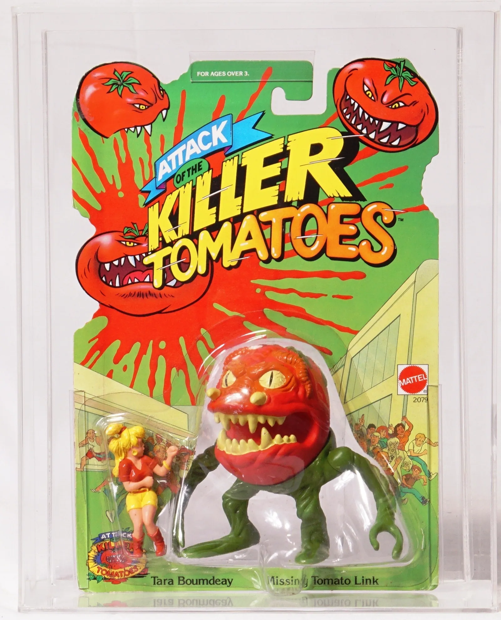 Front view of a sealed Attack of the Killer Tomatoes blister card in a clear protective case, with green-and-red splatter artwork, three snarling tomato illustrations, a large red tomato creature with green limbs, and a smaller blonde human figure labeled Tara Boumdeay; the lower card names Missing.