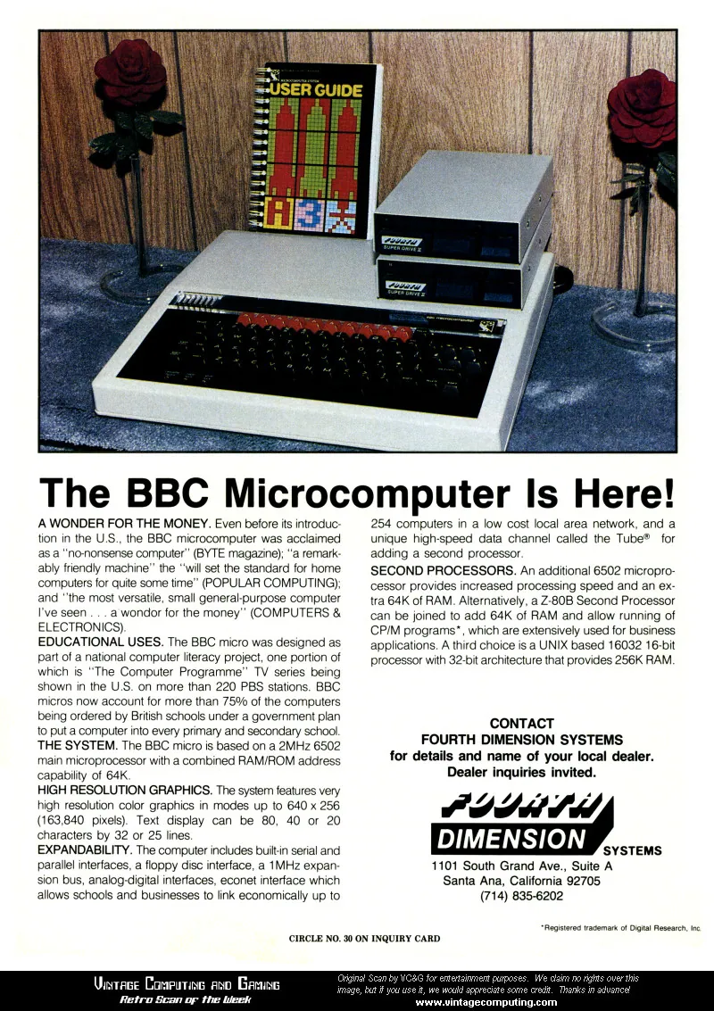 Scanned advertisement headed “The BBC Microcomputer Is Here!” showing a BBC Microcomputer keyboard unit, two stacked disk drives, and a spiral-bound “User Guide” against a wood-panel background; columns of promotional text fill the lower half.