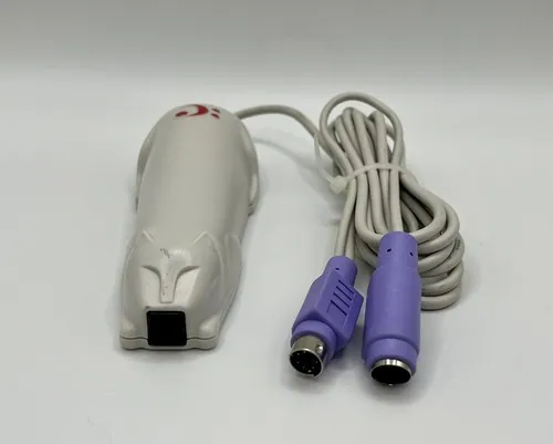CueCat barcode scanner with its cable and two purple PS/2 connectors.